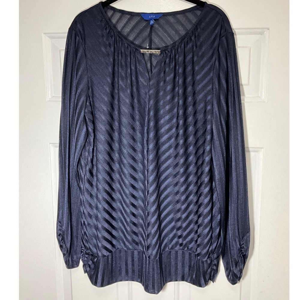 Apt. 9 Womens Navy Blue Striped Long Sleeve Blouse Metal Bar Detail XL